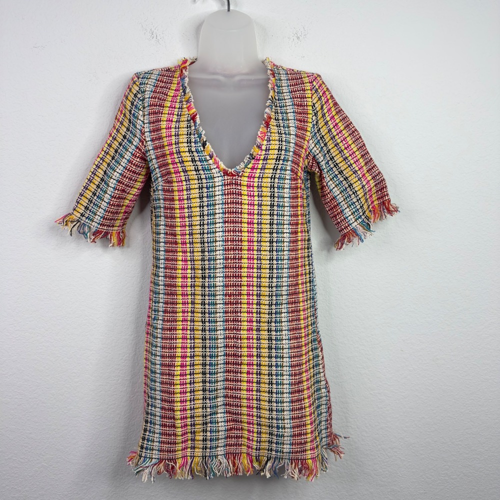 House of Harlow x Revolve Dress Womens XS Parker Plaid Tweed Fringe Boho Preppy